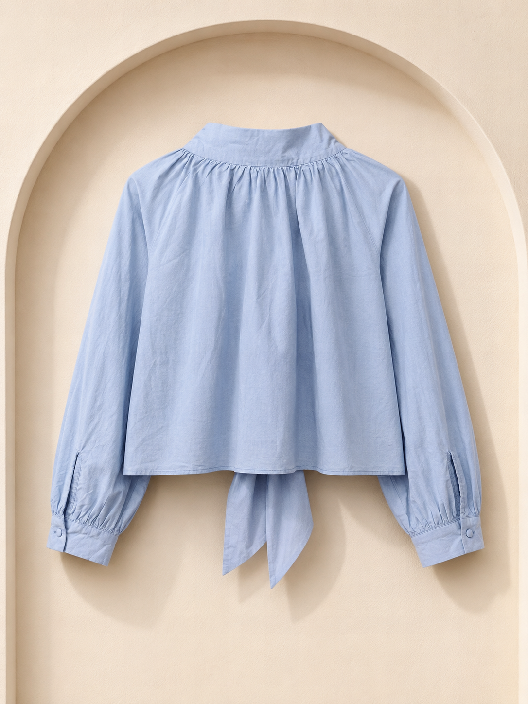 Sky Blue Tie-Neck Long Sleeve Blouse
