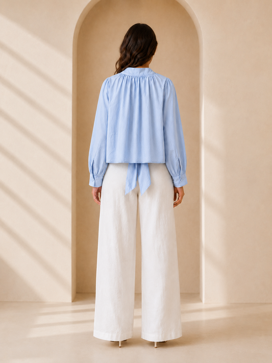 Sky Blue Tie-Neck Long Sleeve Blouse
