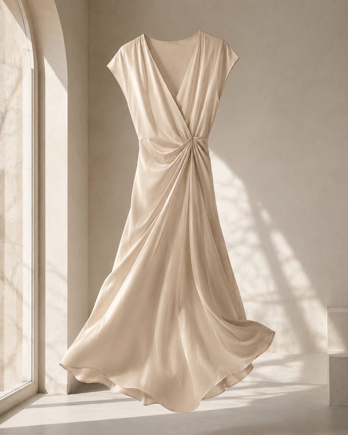 Elegant flowing beige maxi dress with soft fabric drape in minimalist studio, luxury women's fashion dress category image