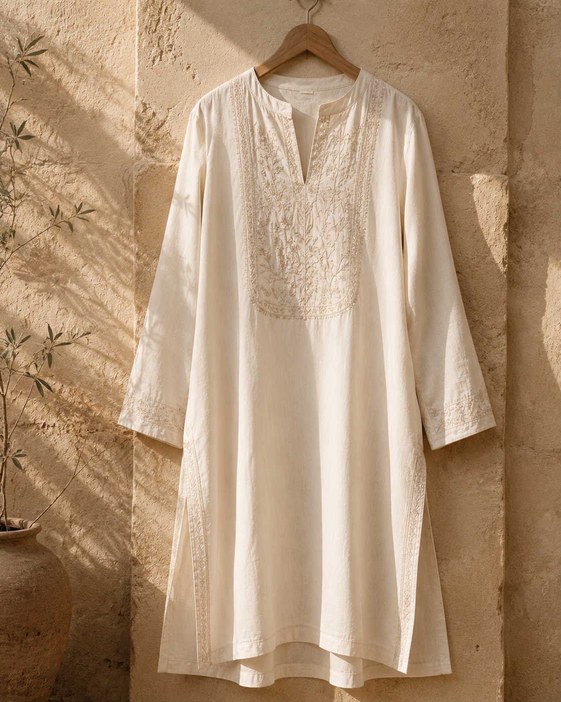 Premium embroidered cotton kurti in cream tone against sandstone backdrop, contemporary Indian ethnic wear fashion category image