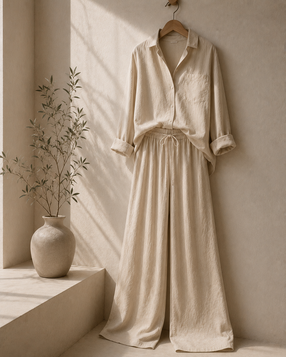 Luxury beige women's co-ord set with relaxed tailored silhouette in minimalist studio, premium contemporary fashion category image