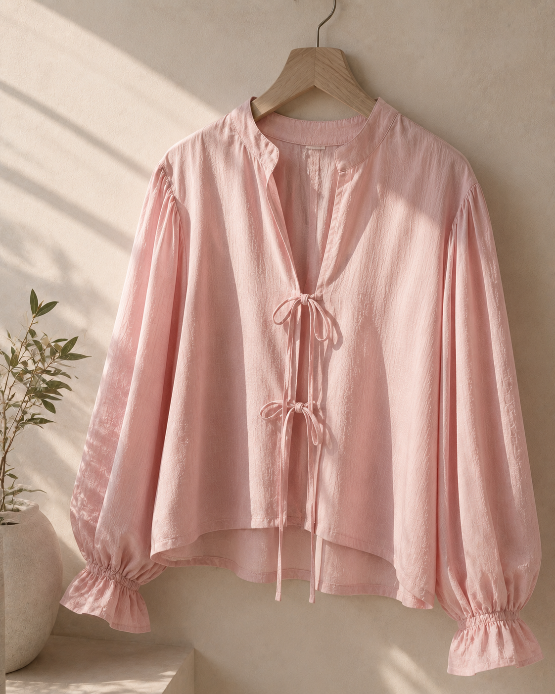 Luxury cream oversized cotton top on wooden hanger with soft daylight, minimalist contemporary women's fashion category image