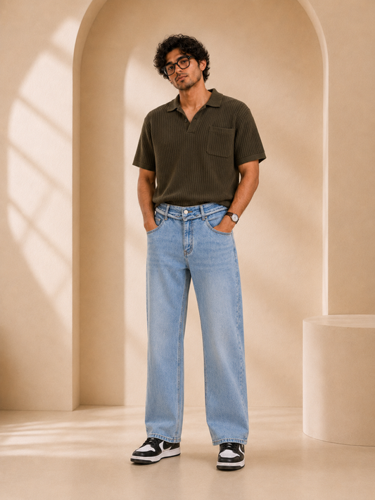 Unisex Light Blue High Rise Baggy Jeans – Waist 32