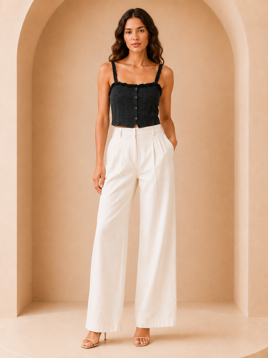 Black Button-Front Frayed Cami Top