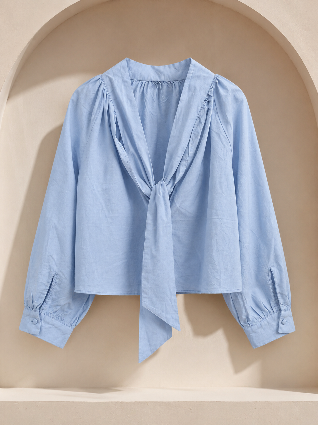 Sky Blue Tie-Neck Long Sleeve Blouse