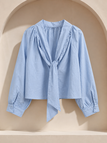 Sky Blue Tie-Neck Long Sleeve Blouse