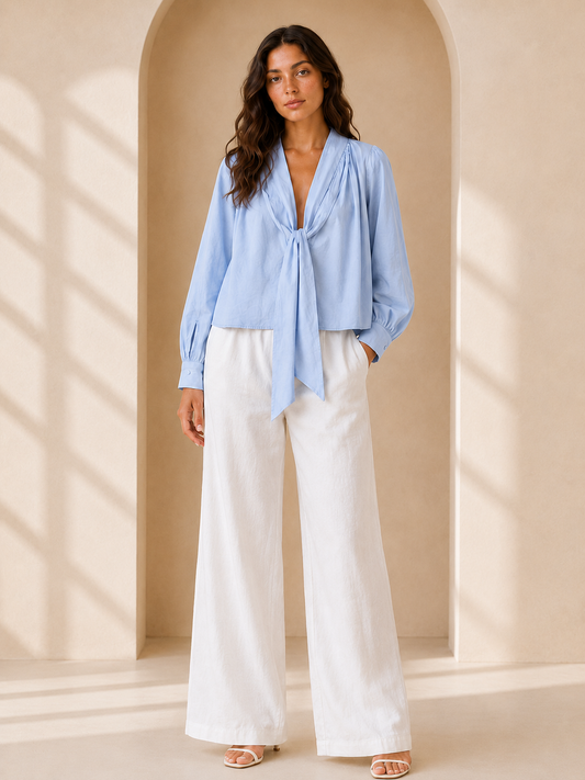 Sky Blue Tie-Neck Long Sleeve Blouse