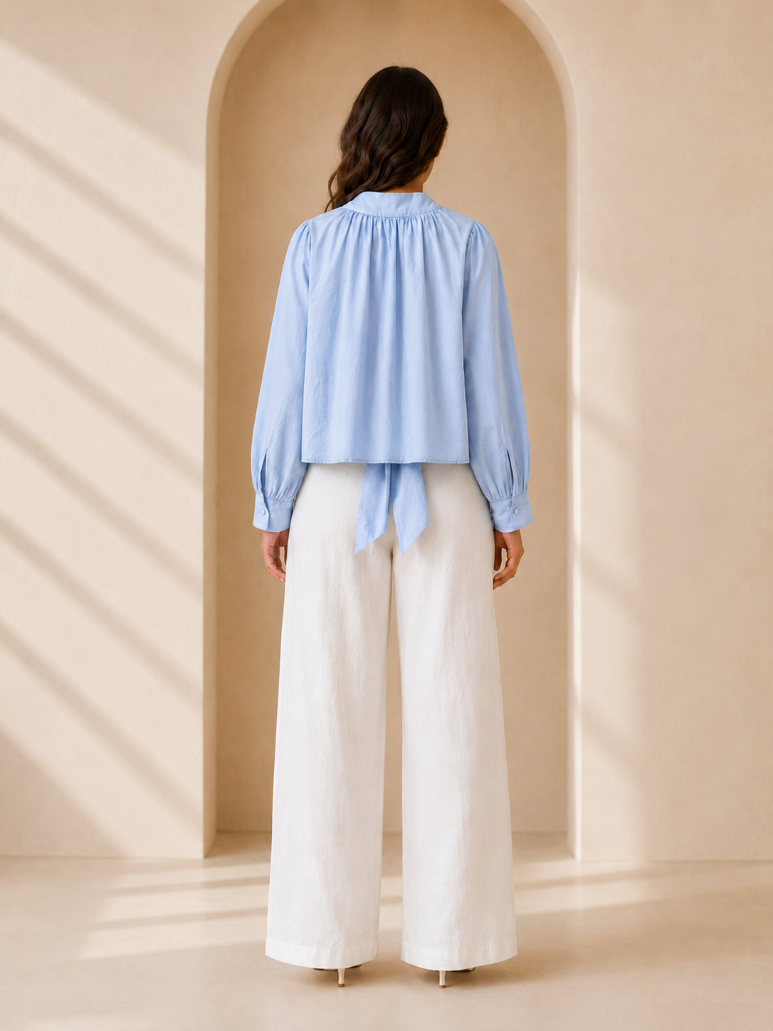 Sky Blue Tie-Neck Long Sleeve Blouse