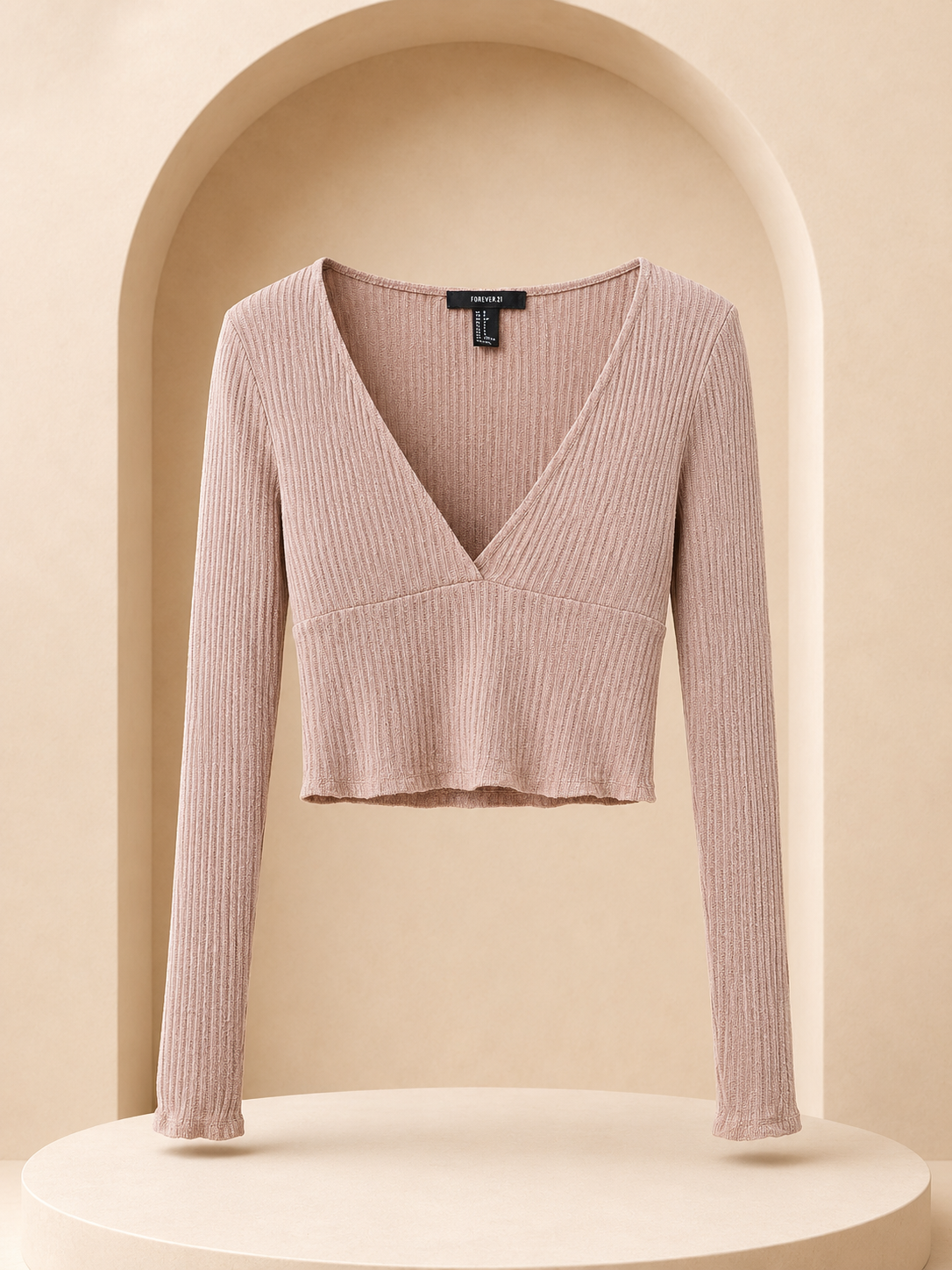 Dusty Pink Ribbed V-Neck Crop Top