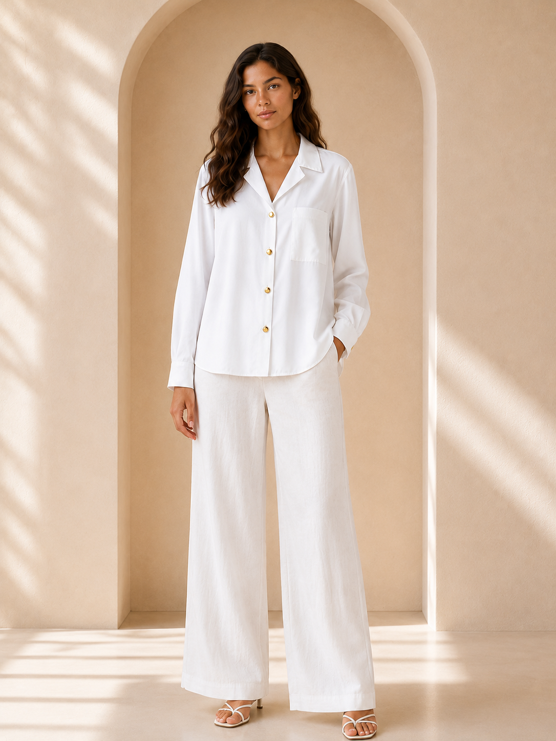 White Oversized Shirt with Gold Button Detail