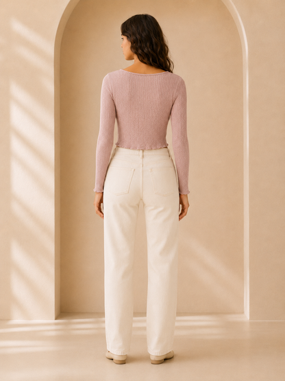 Dusty Pink Ribbed V-Neck Crop Top